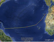 The Avalon’s route from Gran Canaria to Barbados. The crew aim to beat the sub 30-day barrier.