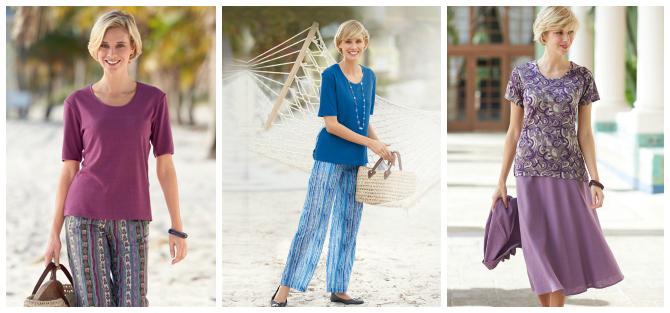 (Left to Right) Silk short sleeve shirt, Cotton Pull-on Trousers, Linen-Cotton skirt