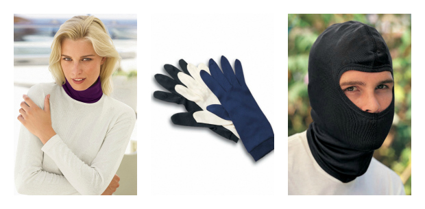 (left to right) Silk Collar, Silk Glove liners, Silk Balaclava