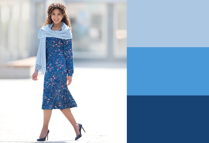 Outfit with Floral Dress and Blue Scarf