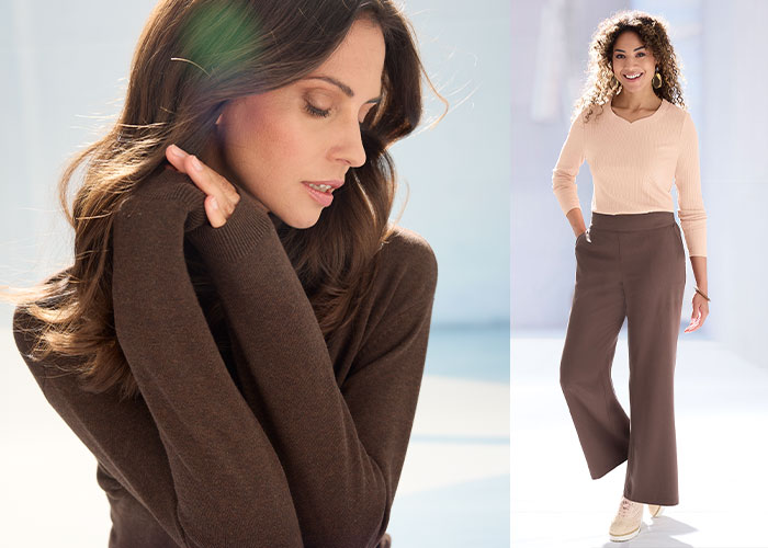 Brown knitted cotton jumper, Tencel Wide Leg Trousers, Ribbed Bamboo Notch Neck Top